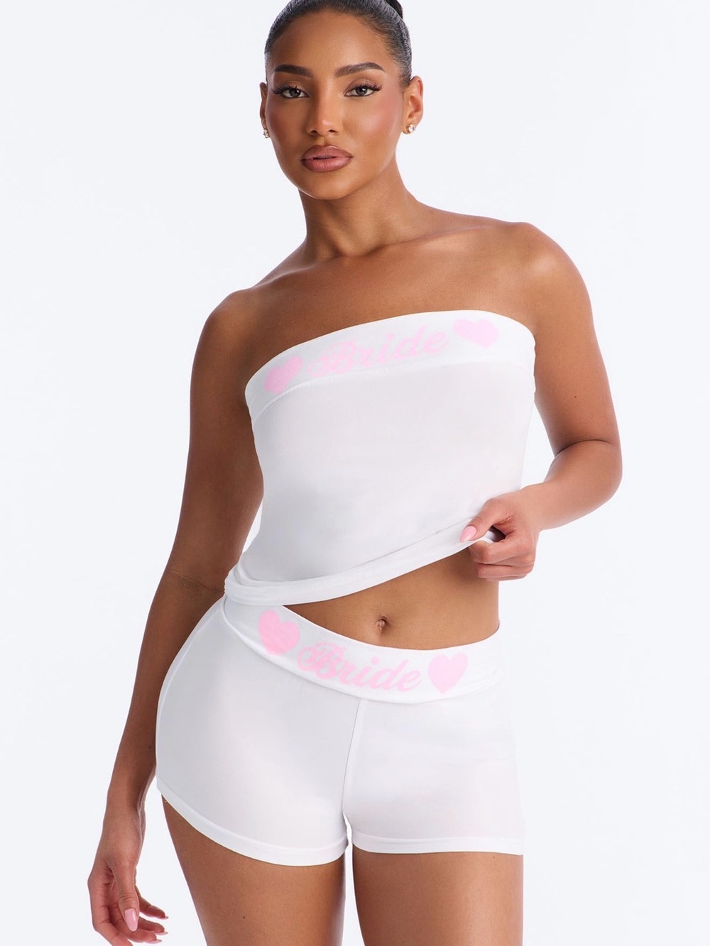 Women’s White Strapless Bride Lounge Set with Pink Trim - XL